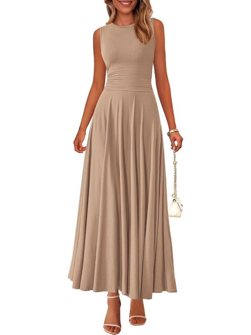 Women's Khaki Crewneck High Waisted Casual Sleeveless 2026 Aline Maxi Dresses
